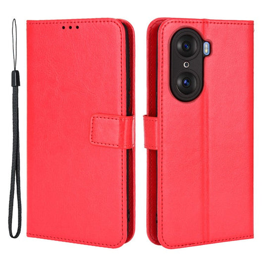 For Honor 60 Shockproof Crazy Horse Leather Phone Shell Wallet Stand Function Protector with Handy Strap - Red