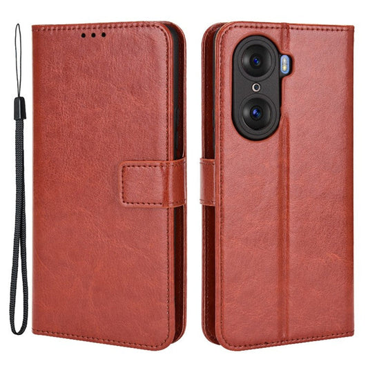 For Honor 60 Shockproof Crazy Horse Leather Phone Shell Wallet Stand Function Protector with Handy Strap - Brown