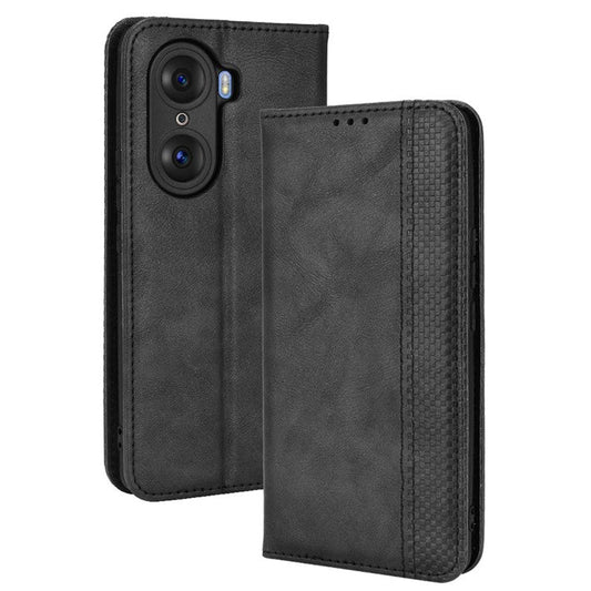 For Honor 60 PU Leather Wallet Vintage Cell Phone Case Mosaic Imprinted Shockproof Magnetic Anti-fall Cover - Black