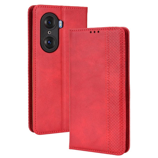 For Honor 60 PU Leather Wallet Vintage Cell Phone Case Mosaic Imprinted Shockproof Magnetic Anti-fall Cover - Red