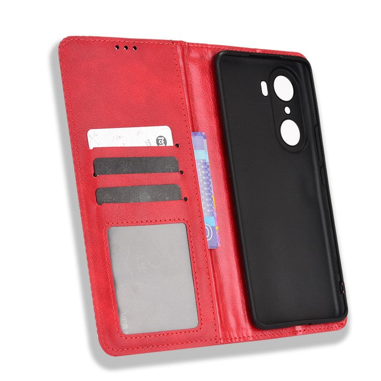 For Honor 60 PU Leather Wallet Vintage Cell Phone Case Mosaic Imprinted Shockproof Magnetic Anti-fall Cover - Red