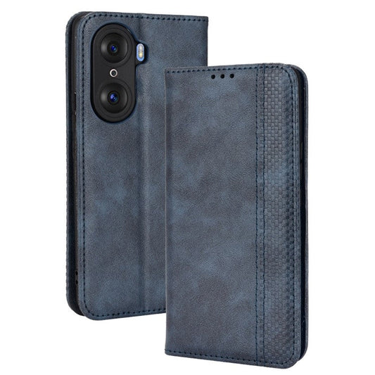 For Honor 60 PU Leather Wallet Vintage Cell Phone Case Mosaic Imprinted Shockproof Magnetic Anti-fall Cover - Blue