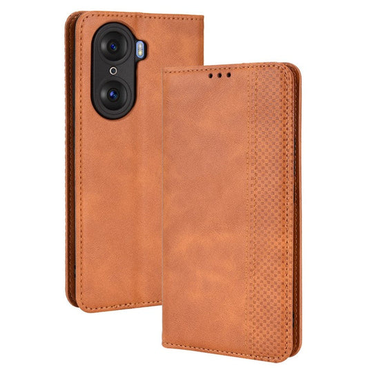 For Honor 60 PU Leather Wallet Vintage Cell Phone Case Mosaic Imprinted Shockproof Magnetic Anti-fall Cover - Brown