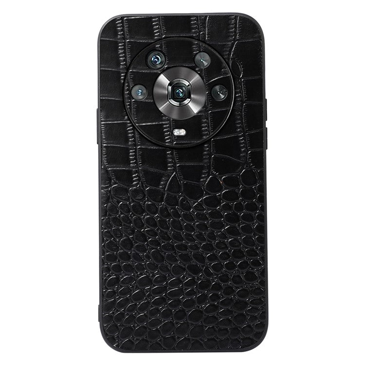 For Honor Magic4 Genuine Cowhide Leather Crocodile Texture Shockproof Coating Phone Case Hard PC + Soft TPU Scratch-Resistant Back Cover - Black