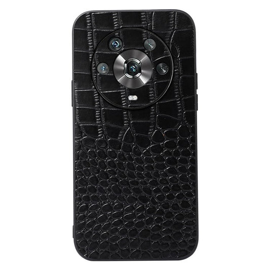 For Honor Magic4 Genuine Cowhide Leather Crocodile Texture Shockproof Coating Phone Case Hard PC + Soft TPU Scratch-Resistant Back Cover - Black