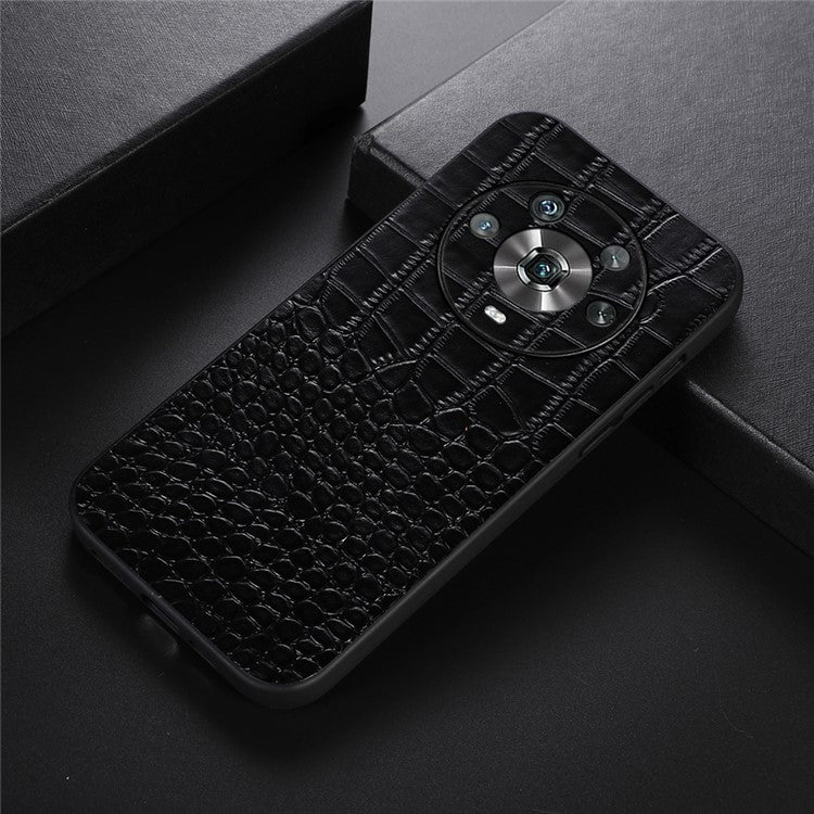 For Honor Magic4 Genuine Cowhide Leather Crocodile Texture Shockproof Coating Phone Case Hard PC + Soft TPU Scratch-Resistant Back Cover - Black
