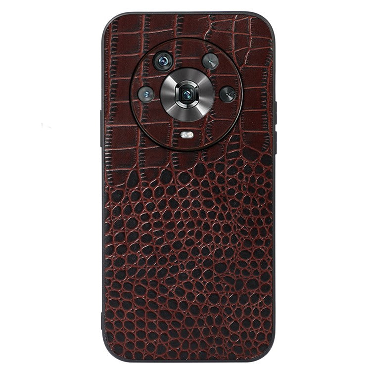 For Honor Magic4 Genuine Cowhide Leather Crocodile Texture Shockproof Coating Phone Case Hard PC + Soft TPU Scratch-Resistant Back Cover - Coffee