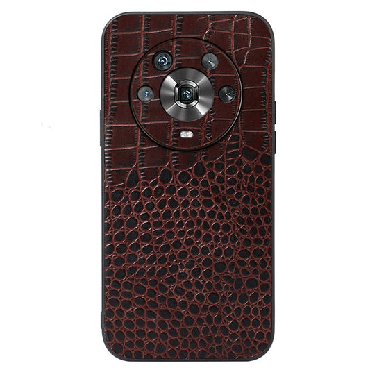 For Honor Magic4 Genuine Cowhide Leather Crocodile Texture Shockproof Coating Phone Case Hard PC + Soft TPU Scratch-Resistant Back Cover - Coffee