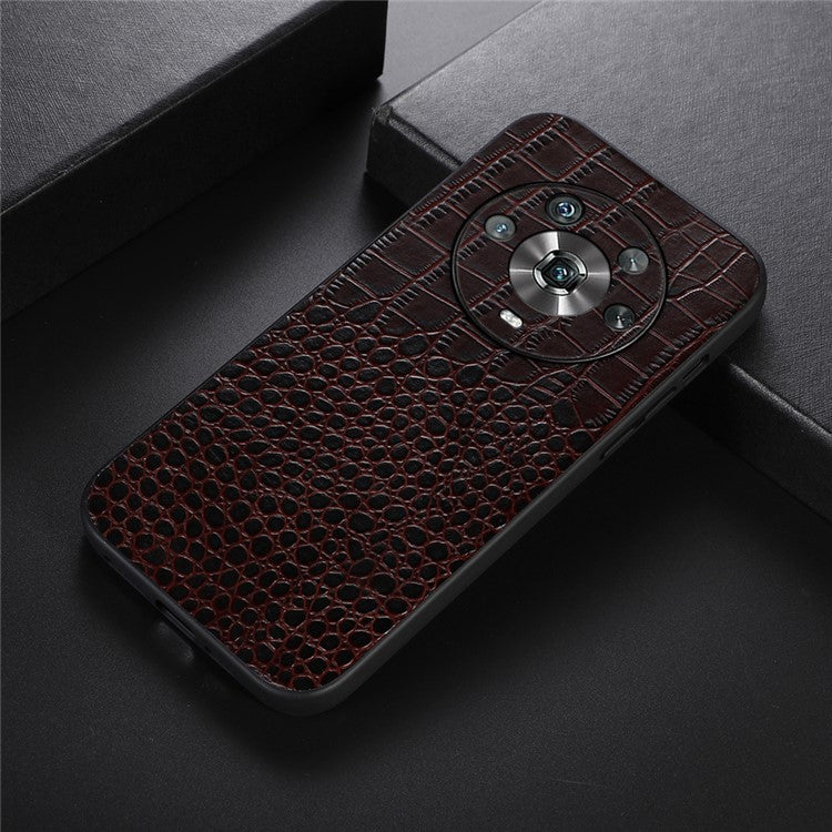 For Honor Magic4 Genuine Cowhide Leather Crocodile Texture Shockproof Coating Phone Case Hard PC + Soft TPU Scratch-Resistant Back Cover - Coffee