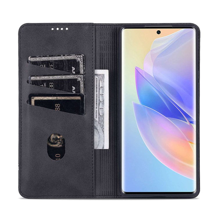 AZNS For Honor 60 SE Adjustable Stand Textured Leather Phone Case Anti-fall Magnetic Auto-absorbed Shell with Wallet - Black