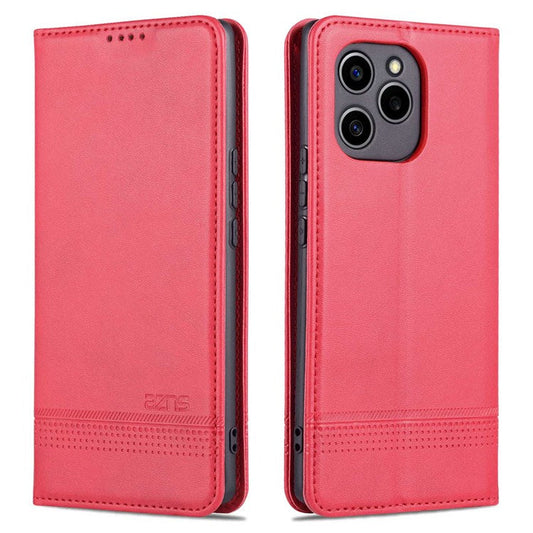 AZNS For Honor 60 SE Adjustable Stand Textured Leather Phone Case Anti-fall Magnetic Auto-absorbed Shell with Wallet - Red