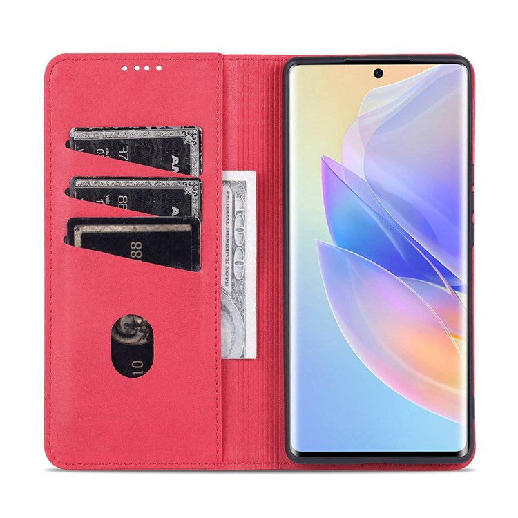 AZNS For Honor 60 SE Adjustable Stand Textured Leather Phone Case Anti-fall Magnetic Auto-absorbed Shell with Wallet - Red