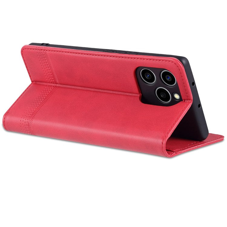 AZNS For Honor 60 SE Adjustable Stand Textured Leather Phone Case Anti-fall Magnetic Auto-absorbed Shell with Wallet - Red