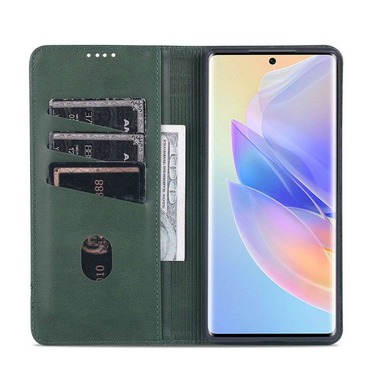 AZNS For Honor 60 SE Adjustable Stand Textured Leather Phone Case Anti-fall Magnetic Auto-absorbed Shell with Wallet - Green