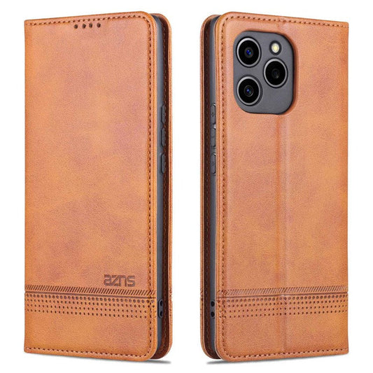 AZNS For Honor 60 SE Adjustable Stand Textured Leather Phone Case Anti-fall Magnetic Auto-absorbed Shell with Wallet - Brown