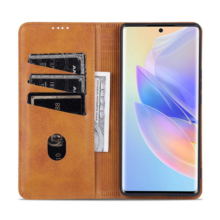AZNS For Honor 60 SE Adjustable Stand Textured Leather Phone Case Anti-fall Magnetic Auto-absorbed Shell with Wallet - Brown
