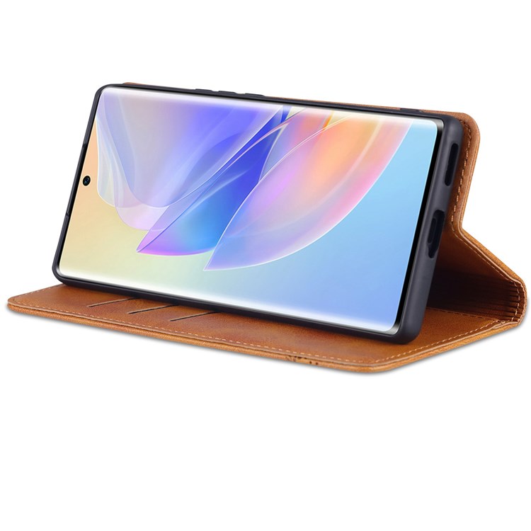 AZNS For Honor 60 SE Adjustable Stand Textured Leather Phone Case Anti-fall Magnetic Auto-absorbed Shell with Wallet - Brown