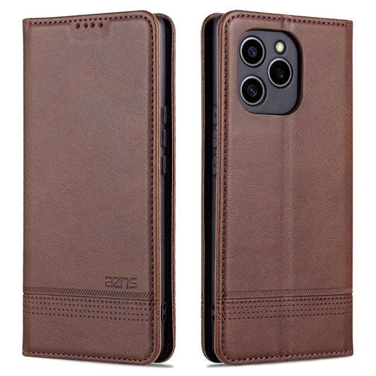 AZNS For Honor 60 SE Adjustable Stand Textured Leather Phone Case Anti-fall Magnetic Auto-absorbed Shell with Wallet - Coffee