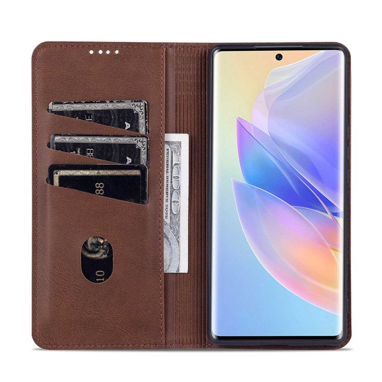 AZNS For Honor 60 SE Adjustable Stand Textured Leather Phone Case Anti-fall Magnetic Auto-absorbed Shell with Wallet - Coffee