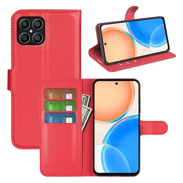 For Honor X8 4G Litchi Texture PU Leather Wallet Mobile Phone Case Stand Function Drop-proof Phone Cover - Red