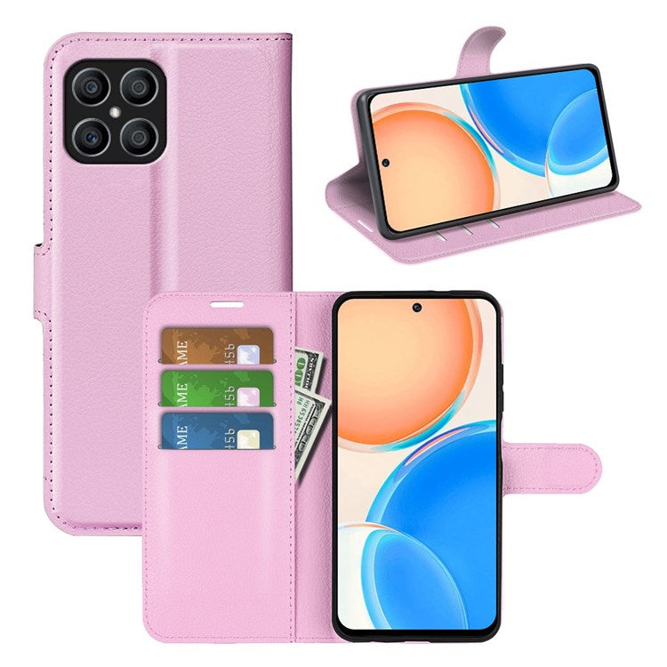 For Honor X8 4G Litchi Texture PU Leather Wallet Mobile Phone Case Stand Function Drop-proof Phone Cover - Pink