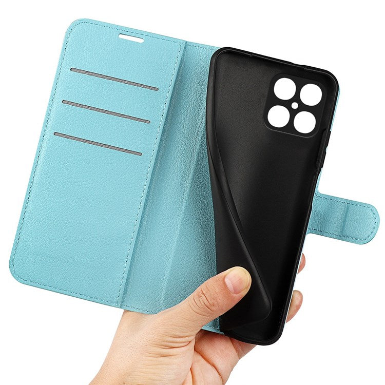 For Honor X8 4G Litchi Texture PU Leather Wallet Mobile Phone Case Stand Function Drop-proof Phone Cover - Blue