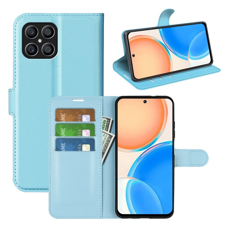 For Honor X8 4G Litchi Texture PU Leather Wallet Mobile Phone Case Stand Function Drop-proof Phone Cover - Blue
