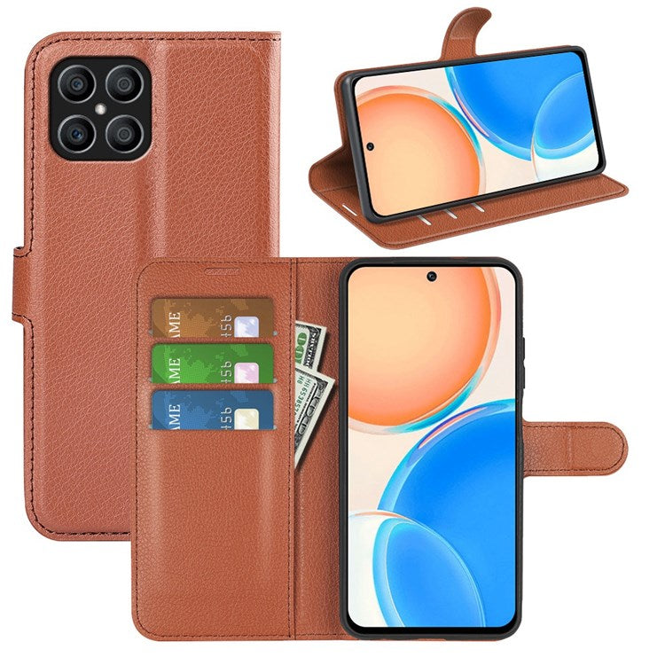 For Honor X8 4G Litchi Texture PU Leather Wallet Mobile Phone Case Stand Function Drop-proof Phone Cover - Brown
