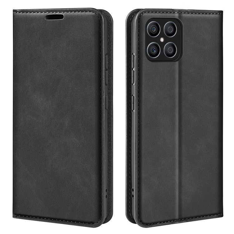 For Honor X8 4G Skin-touch Folio Flip Leather Cover Auto-absorbed Magnetic Phone Wallet Stand Case - Black