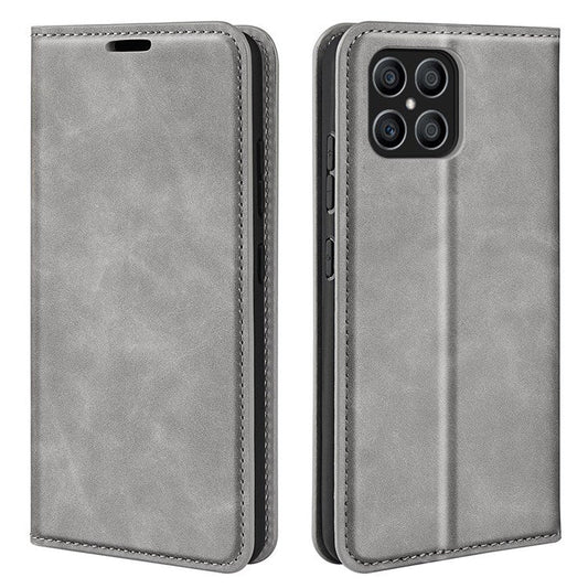 For Honor X8 4G Skin-touch Folio Flip Leather Cover Auto-absorbed Magnetic Phone Wallet Stand Case - Grey