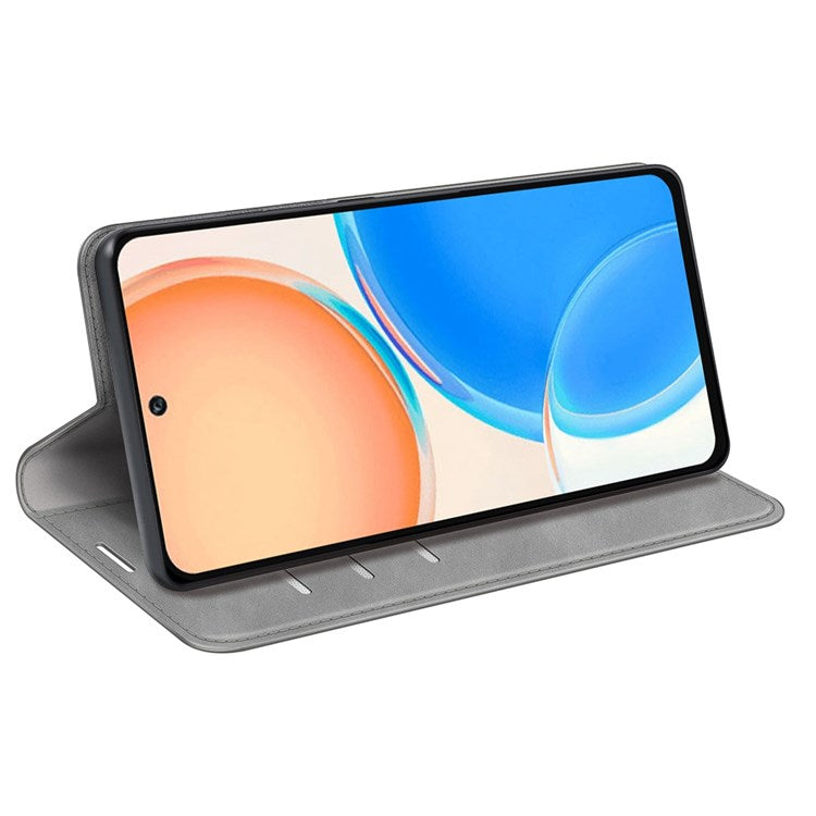 For Honor X8 4G Skin-touch Folio Flip Leather Cover Auto-absorbed Magnetic Phone Wallet Stand Case - Grey