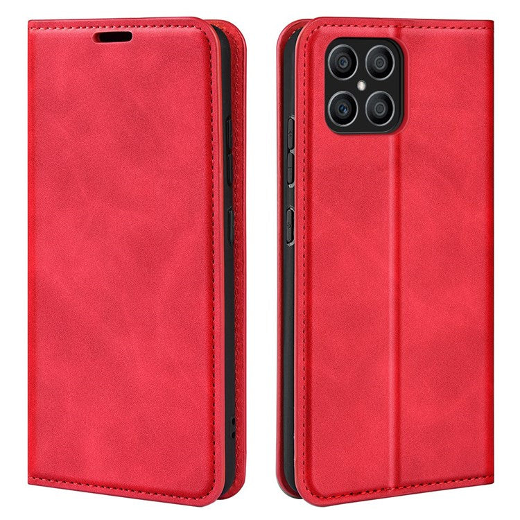 For Honor X8 4G Skin-touch Folio Flip Leather Cover Auto-absorbed Magnetic Phone Wallet Stand Case - Red