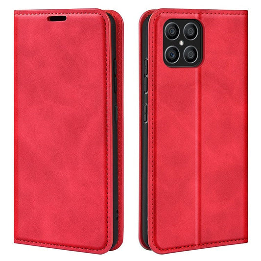 For Honor X8 4G Skin-touch Folio Flip Leather Cover Auto-absorbed Magnetic Phone Wallet Stand Case - Red