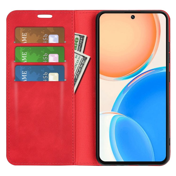 For Honor X8 4G Skin-touch Folio Flip Leather Cover Auto-absorbed Magnetic Phone Wallet Stand Case - Red