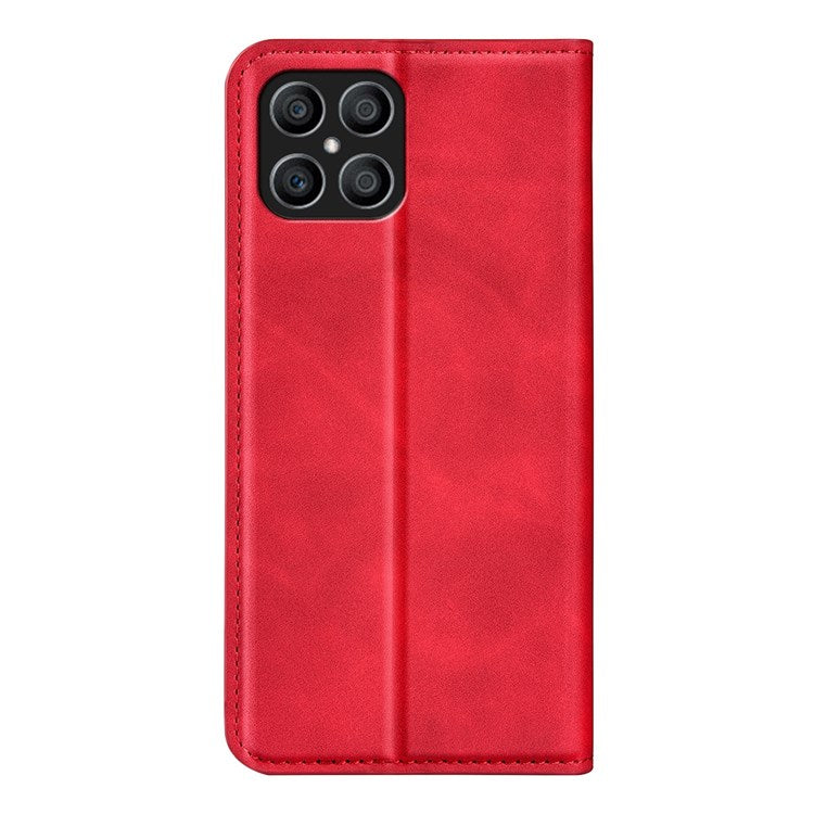 For Honor X8 4G Skin-touch Folio Flip Leather Cover Auto-absorbed Magnetic Phone Wallet Stand Case - Red