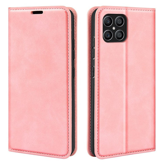 For Honor X8 4G Skin-touch Folio Flip Leather Cover Auto-absorbed Magnetic Phone Wallet Stand Case - Pink