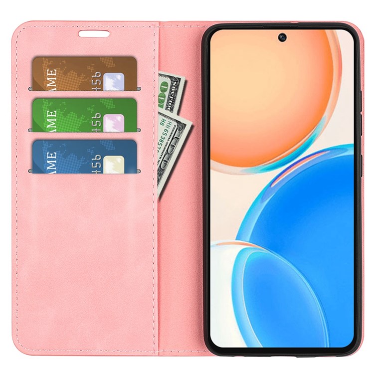 For Honor X8 4G Skin-touch Folio Flip Leather Cover Auto-absorbed Magnetic Phone Wallet Stand Case - Pink