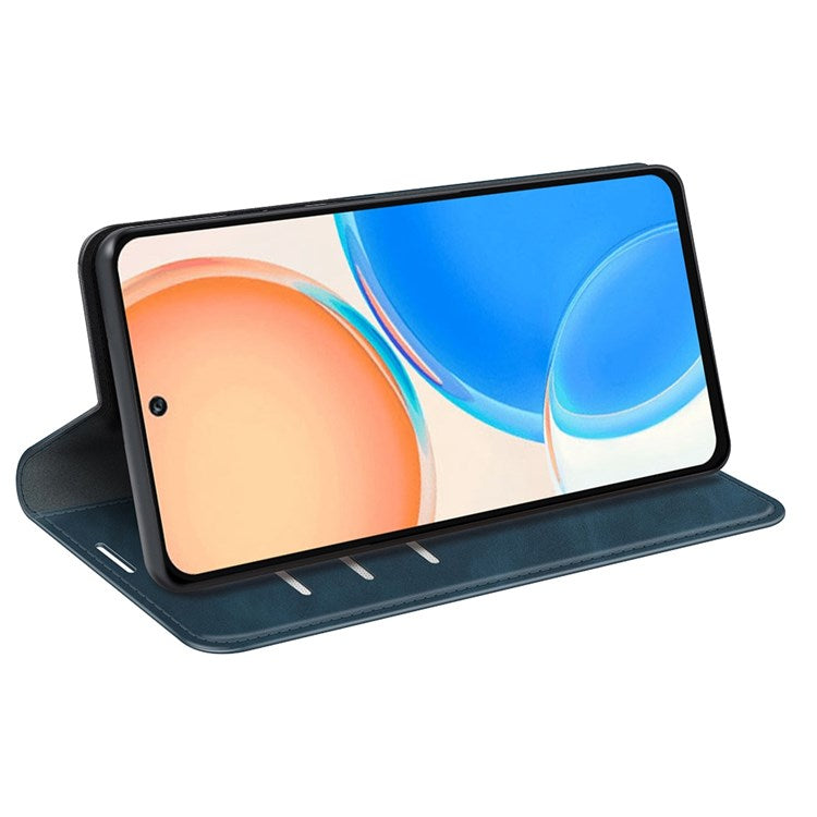 For Honor X8 4G Skin-touch Folio Flip Leather Cover Auto-absorbed Magnetic Phone Wallet Stand Case - Blue