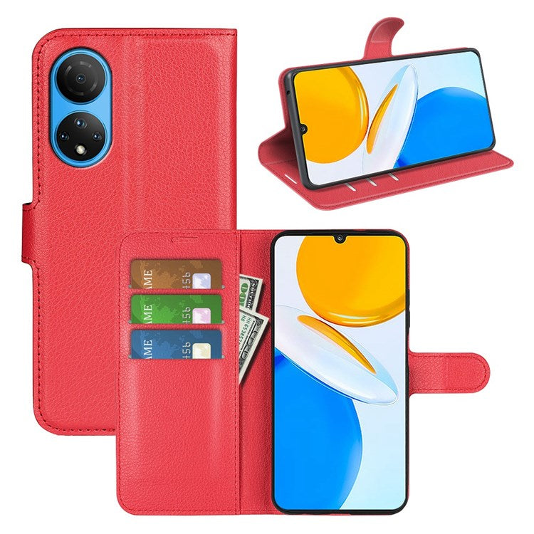 For Honor X7 Litchi Texture PU Leather Phone Full-protection Case Wallet Stand Function Shockproof Cover - Red
