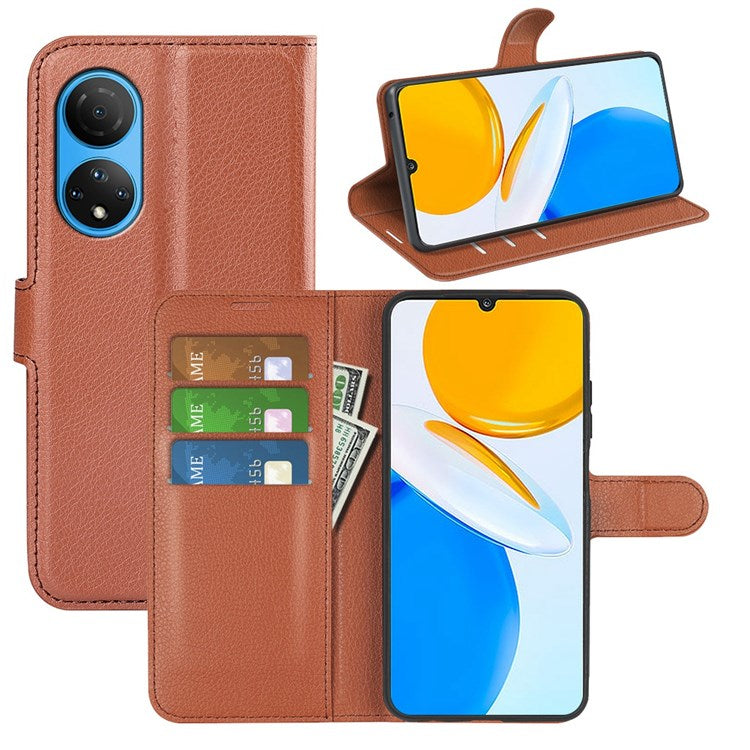 For Honor X7 Litchi Texture PU Leather Phone Full-protection Case Wallet Stand Function Shockproof Cover - Brown