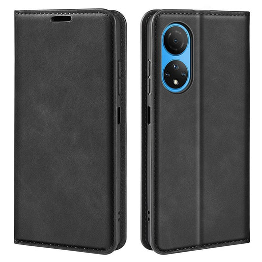 For Honor X7 Skin-touch Feeling PU Leather Cover Magnetic Auto-absorbed Phone Wallet Stand Case - Black