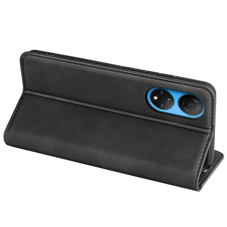 For Honor X7 Skin-touch Feeling PU Leather Cover Magnetic Auto-absorbed Phone Wallet Stand Case - Black
