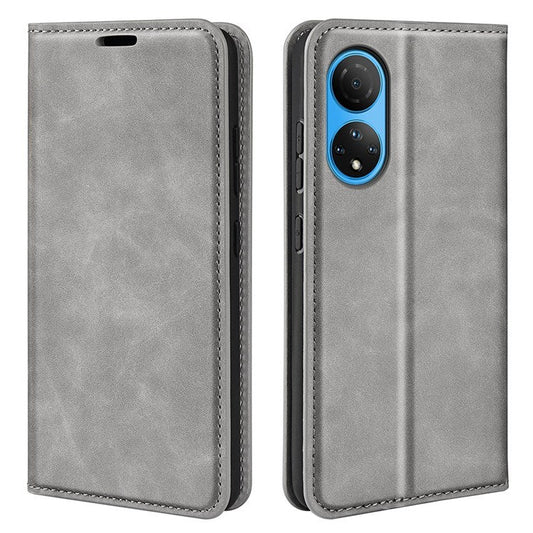For Honor X7 Skin-touch Feeling PU Leather Cover Magnetic Auto-absorbed Phone Wallet Stand Case - Grey