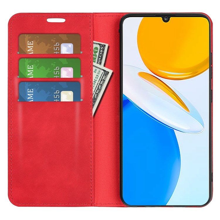 For Honor X7 Skin-touch Feeling PU Leather Cover Magnetic Auto-absorbed Phone Wallet Stand Case - Red