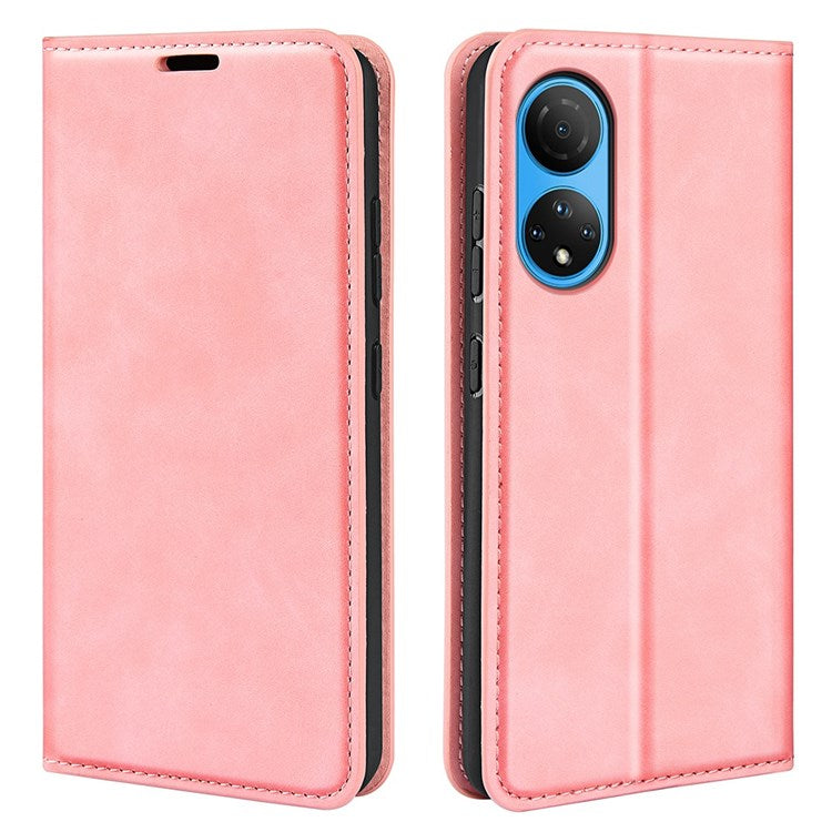 For Honor X7 Skin-touch Feeling PU Leather Cover Magnetic Auto-absorbed Phone Wallet Stand Case - Pink