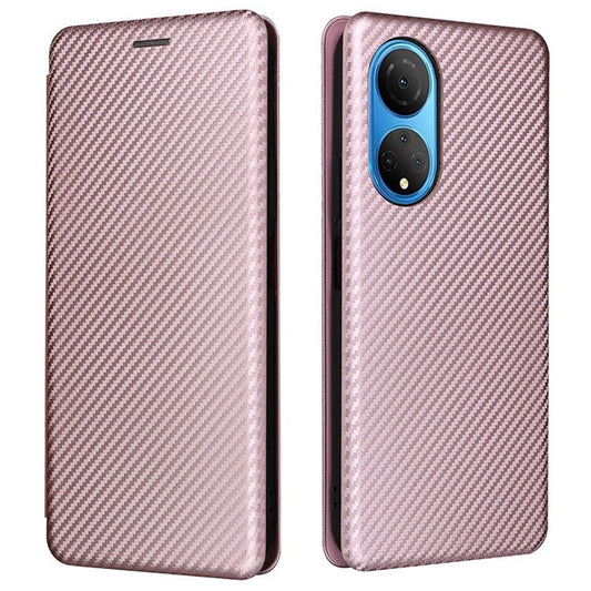 For Honor X7 Carbon Fiber Texture Folio Flip Anti-scratch PU Leather Case Magnetic Auto-absorbed Stand Phone Cover - Rose Gold