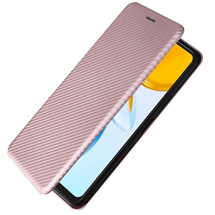 For Honor X7 Carbon Fiber Texture Folio Flip Anti-scratch PU Leather Case Magnetic Auto-absorbed Stand Phone Cover - Rose Gold