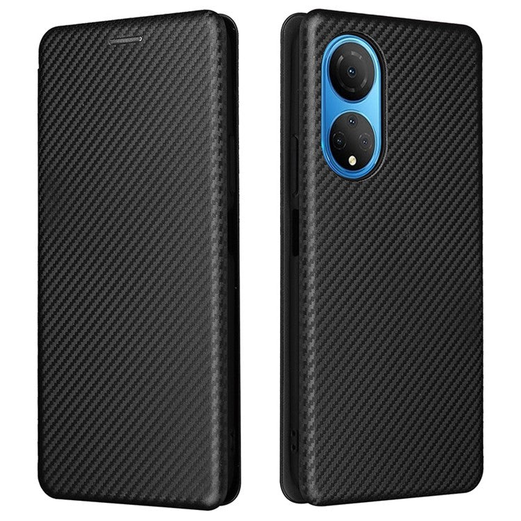For Honor X7 Carbon Fiber Texture Folio Flip Anti-scratch PU Leather Case Magnetic Auto-absorbed Stand Phone Cover - Black