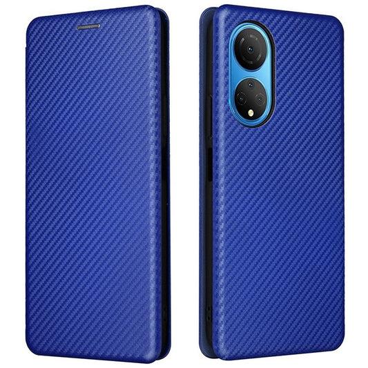 For Honor X7 Carbon Fiber Texture Folio Flip Anti-scratch PU Leather Case Magnetic Auto-absorbed Stand Phone Cover - Blue