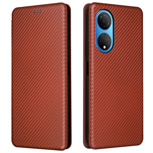 For Honor X7 Carbon Fiber Texture Folio Flip Anti-scratch PU Leather Case Magnetic Auto-absorbed Stand Phone Cover - Orange